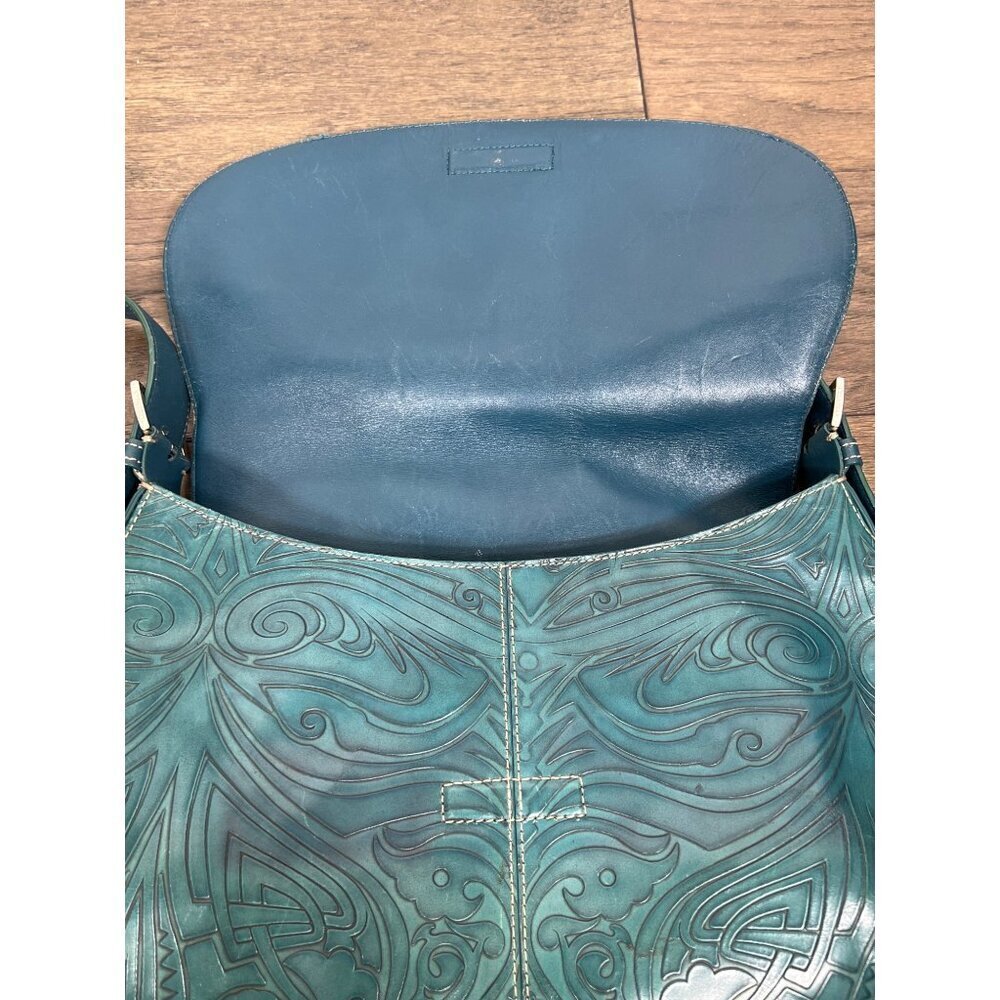 VINTAGE COLE HAAN Hand Tooled Leather Hobo Shoulder Bag Teal Green - Picture 7 of 11